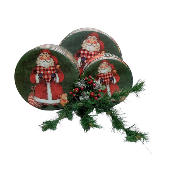 Vintage Christmas Santa Nesting Metal Tins Teddy Bear Plaid Retro Holiday Decor - Picture 2 of 16